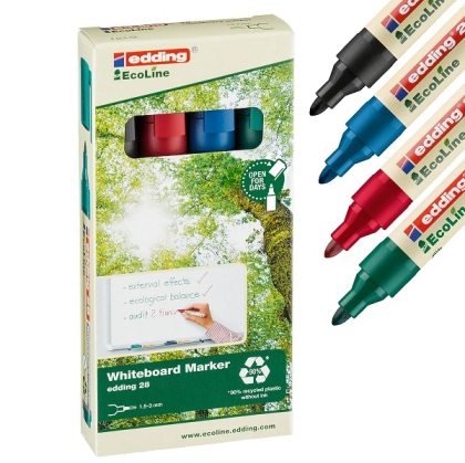 Маркер edding® 28 EcoLine за бяла дъска и флипчарт, 4 цвята комплект