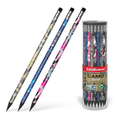 Графитен молив ErichKrause® Camo, триъгълен, с гумичка, HB (в туба 42 бр.)