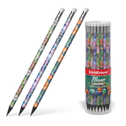 Графитен молив ErichKrause® Flower, триъгълен, пластмасов,с гумичка HB / в туба 42 бр./