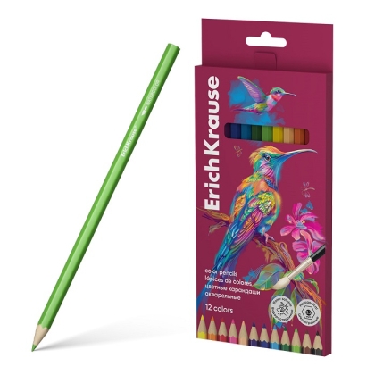 Шестоъгълни акварелни моливи ErichKrause® Safari 12 цвята с четка, 3,3 мм графит