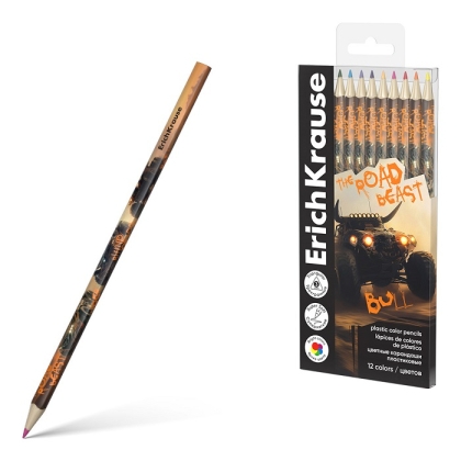 Пластмасови цветни моливи ErichKrause® Road Beast 12 цвята, 3 мм графит (в PET кутия 12 бр.)