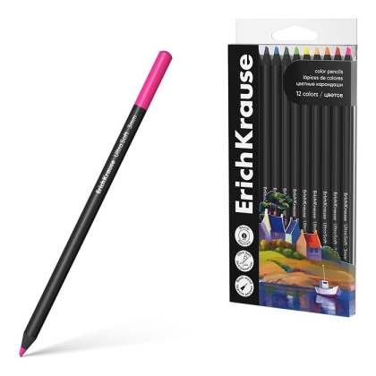 Цветни моливи ErichKrause® Art Spirit, кръгли, черно дърво, 3 мм графит, 12 цвята
