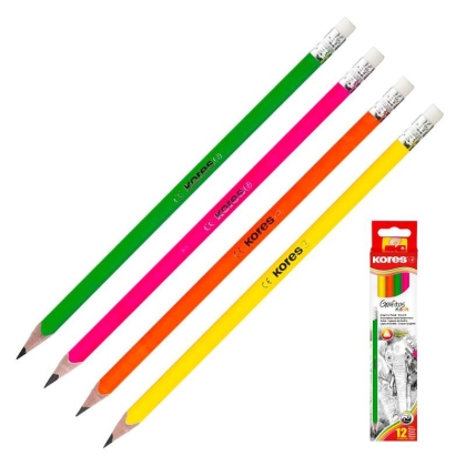 Графитни моливи KORES HB с гумичка, NEON, комплект 12 бр.
