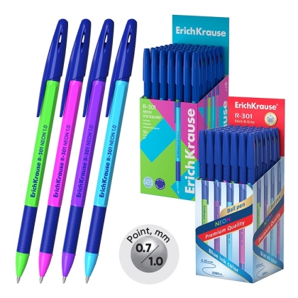 Химикалка ErichKrause® R-301 Stick&Grip Neon, 0.7 mm