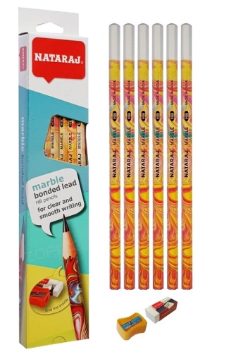 Молив HB Nataraj MARBLE, шестоъгълен, 12 бр. в кутия + острилка и гумичка