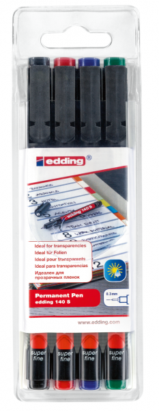 Комплект маркери edding® 140 S за пластмасови повърхности и OHP, 4 цвята