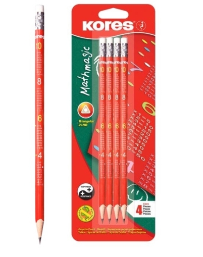 Графитен молив KORES MATHMAGIC с гумичка, 4 бр. в блистер